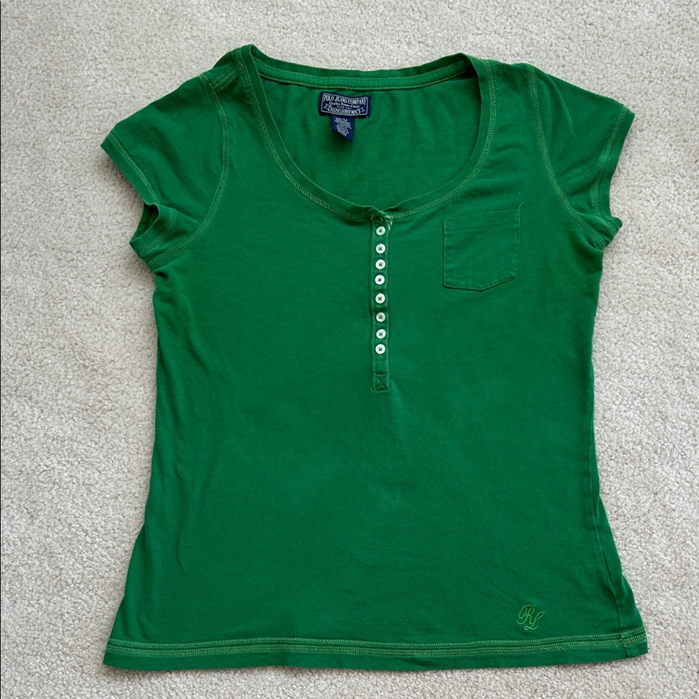 100% Cotton Ralph Lauren Polo Jeans Green Tee - Size M